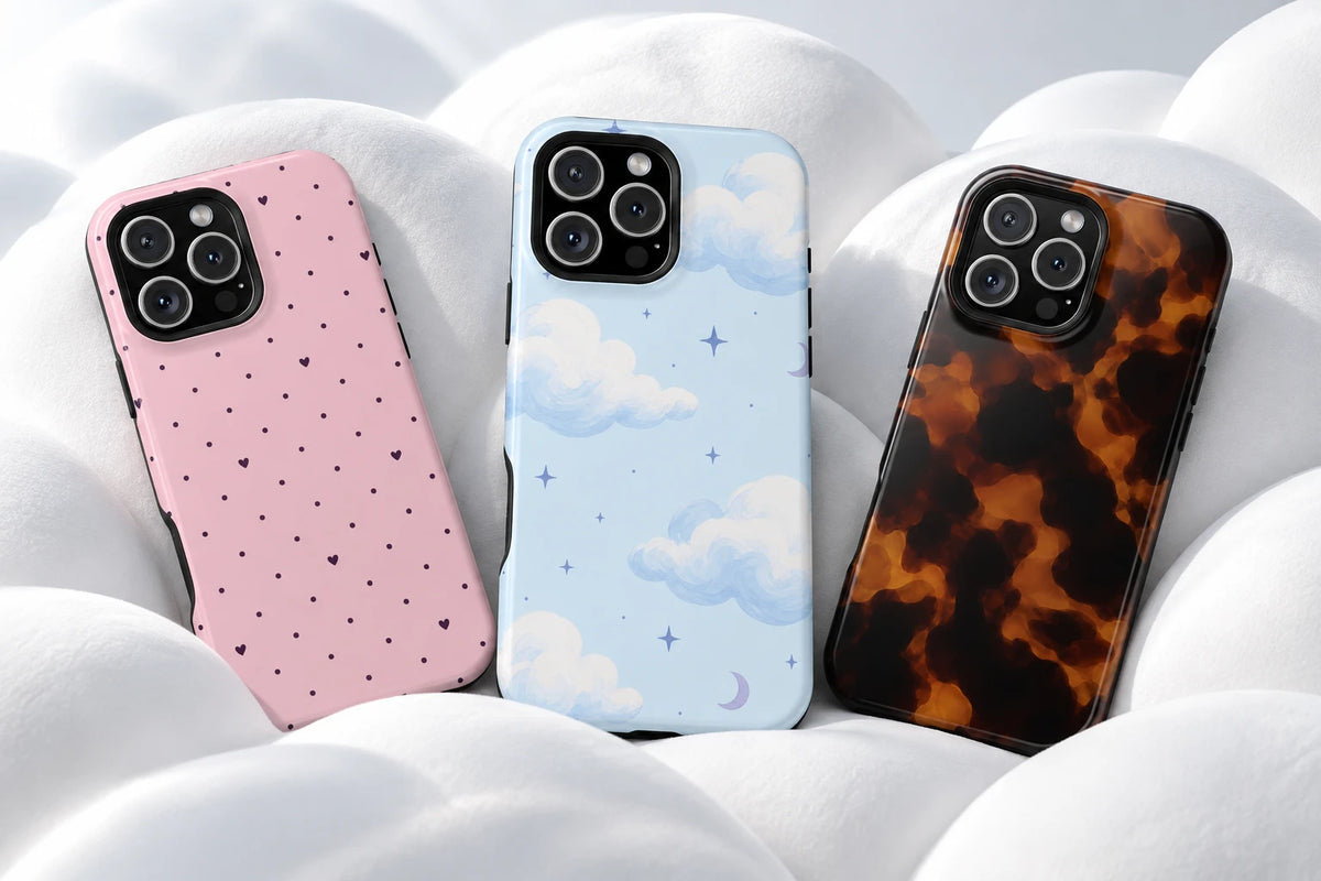 Dotted Daydream, Cloud Nine and Smoked Tortoise iPhone cases on a white cloud-inspired studio set.