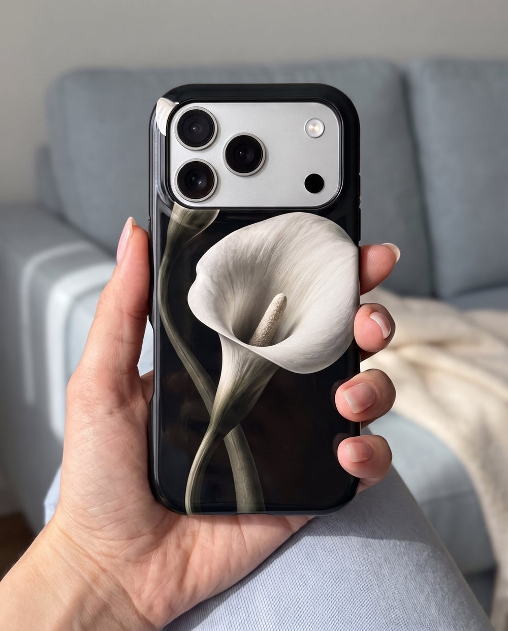 Midnight Lily iPhone case, in hand