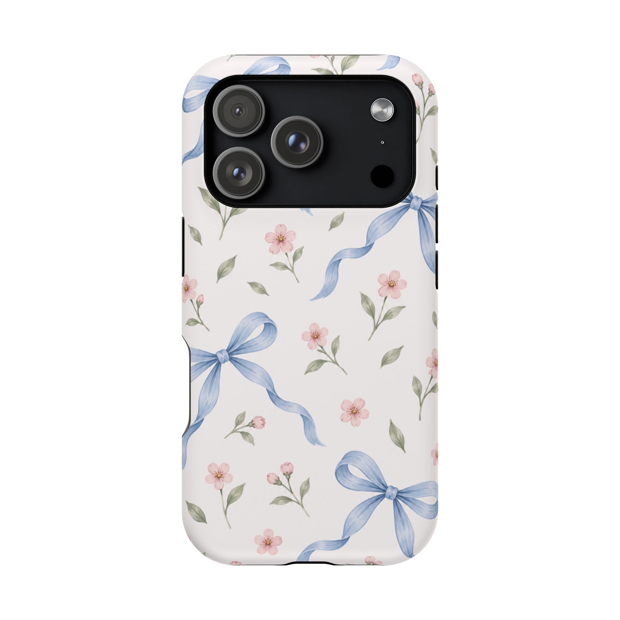 Bow Bouquet case fitted to iPhone 18 Pro in Matte, with blue bows and blush flowers on ivory.