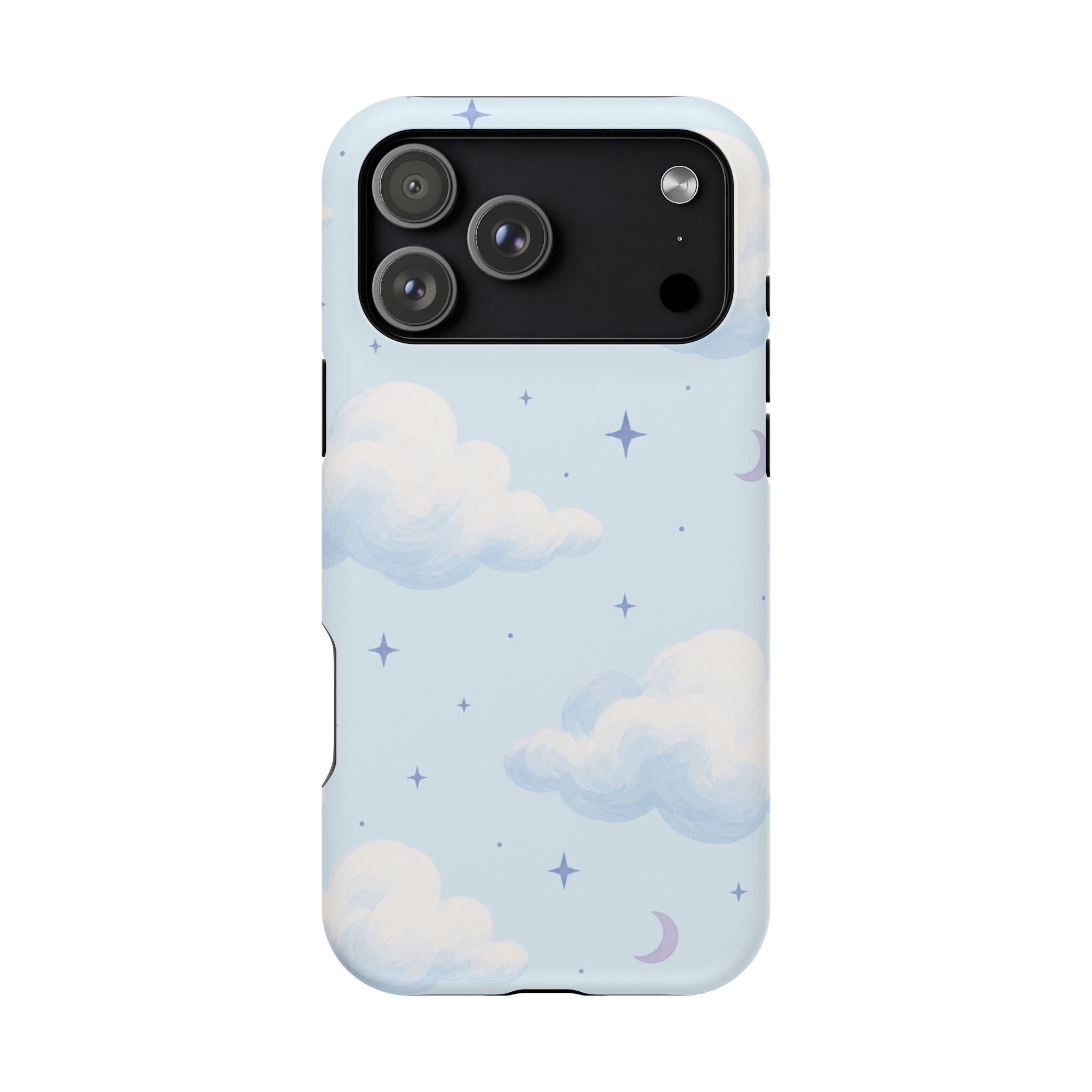 Cloud Nine case fitted to iPhone 18 Pro Max in Matte, with soft blue clouds, moons and stars.
